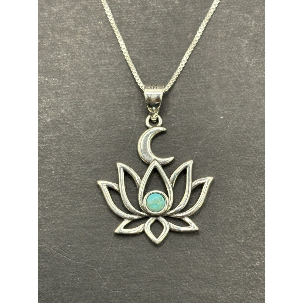 NewCondition 18" Sterling Silver Genuine Turquoise Lotus PendantNecklace 925 H19